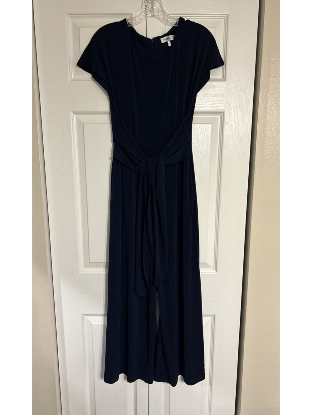 Robbie Bee Jumpsuit Sz 8 Navy Blue Wide Leg Attached Tie Belt Pockets Pleated